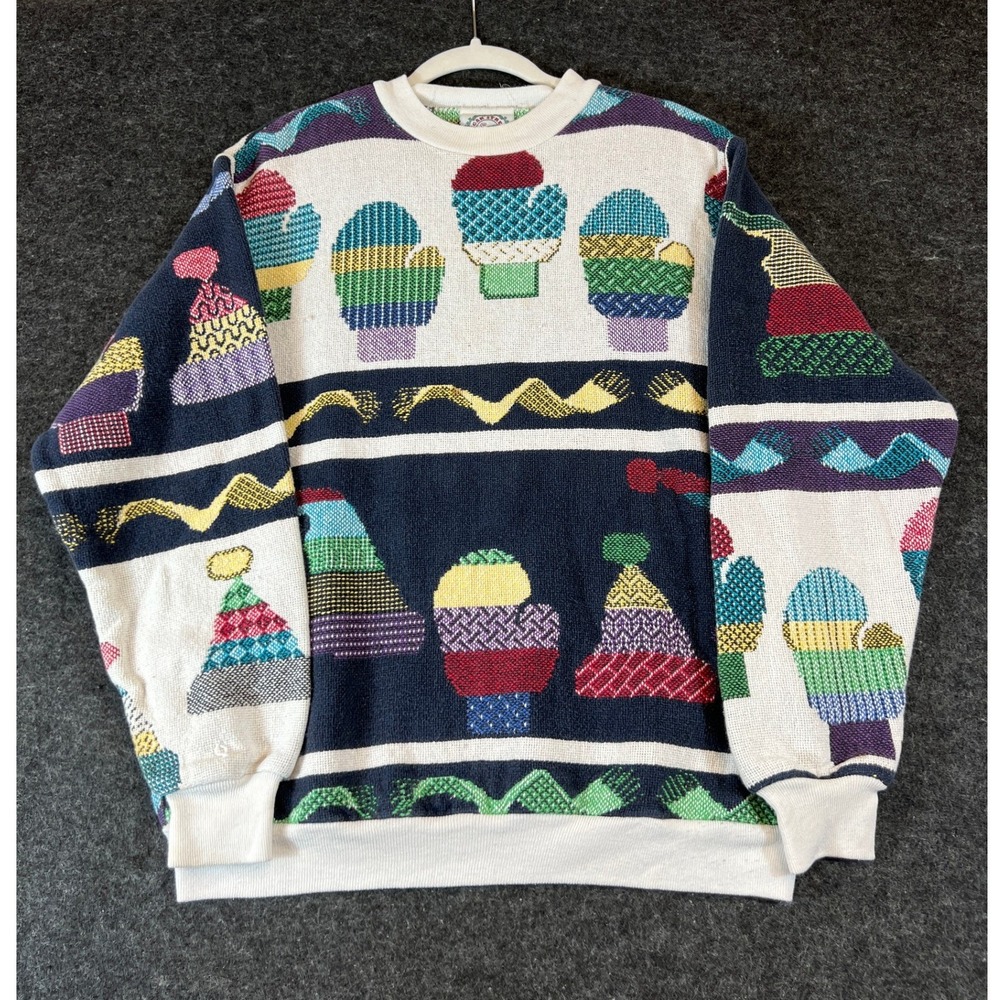 Vintage 90s Sugar Street Weavers Hats And Mittens Sweater Mens OS White Pullover